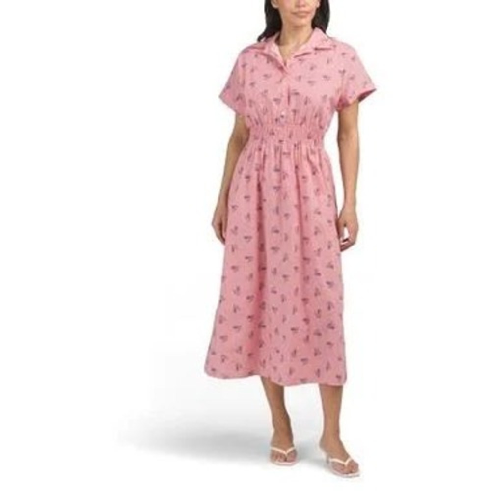 Bellambra Italy Red White Striped Sailboat Cotton Smocked Midi Shirt Dress S